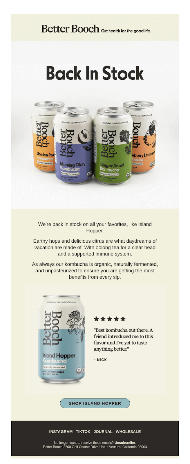 Better Booch back-in-stock email notification example showing product availability alert with clear call-to-action for ecommerce inventory management automation